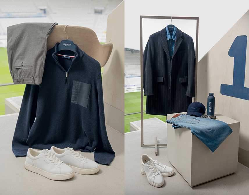 Kombination aus Dunkelblauem Strick Troyer und grauer Chino