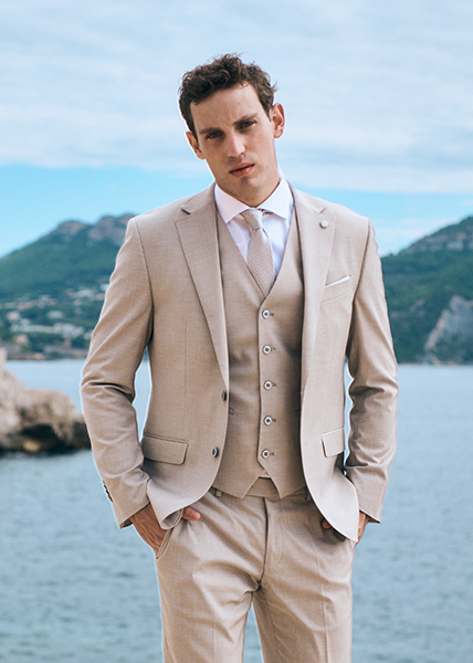 Classy groom look Beige three-pieces suit