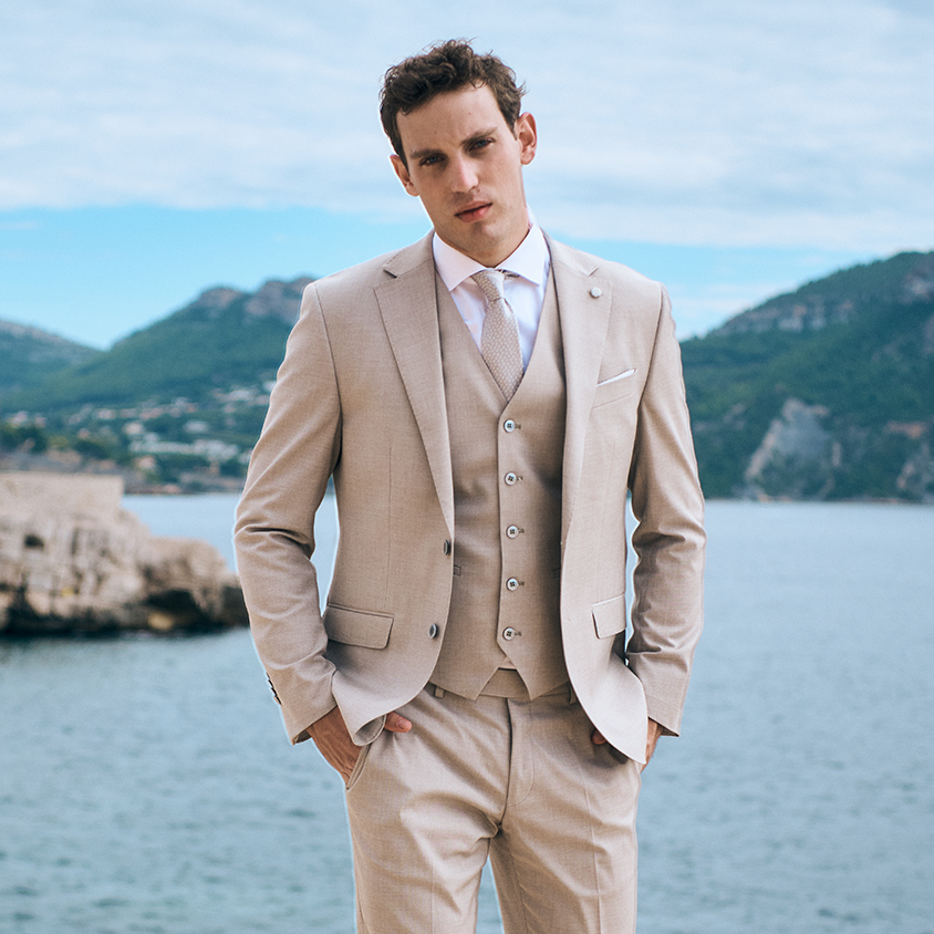 Classy groom look Beige three-pieces suit