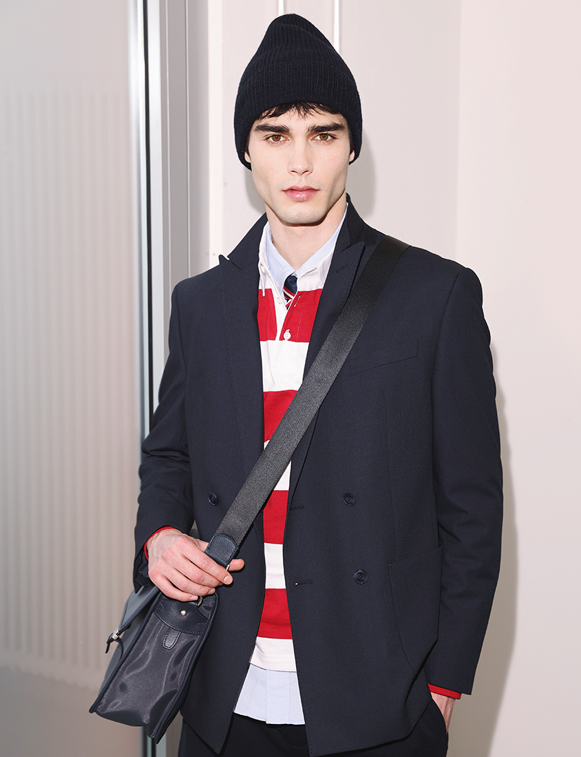 Jacket combined with red-white stripped shirrt