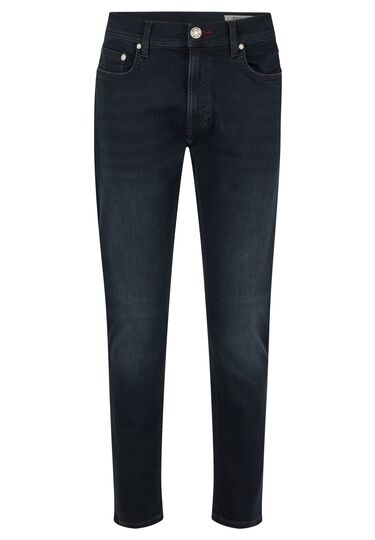 Regular tapered 5-pocket jeans made of high-tech fibres, navy Frontansicht