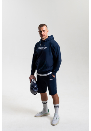 Cotton sweat hoodie with logo print, midnight blue 