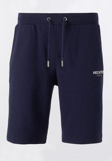 Pure cotton shorts with small logo print, midnight blue Frontansicht